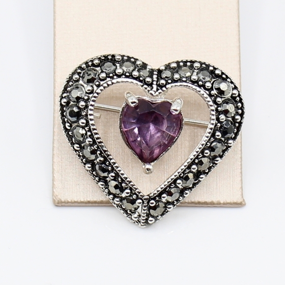 Vintage rhinestone & marcasite heart brooch - Picture 3 of 6